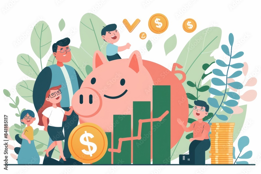 Fototapeta premium Piggy bank full of coins, smiling family in background, upward green graph, flat design, top view, growth theme, cartoon drawing, vivid colors