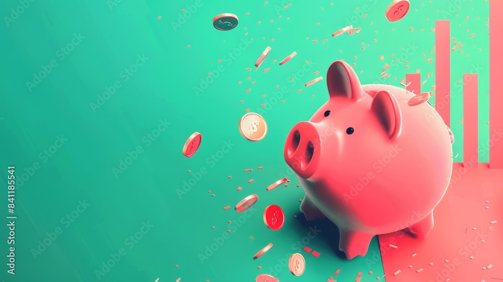 Piggy bank, lid open, coins falling in, upward green financial graph, flat design, top view, economic theme, 3D render, Triadic Color Scheme Piggy bank, lid open, coins falling in, upward green financial graph, flat design, top view, economic theme, 3D render, Triadic Color Scheme