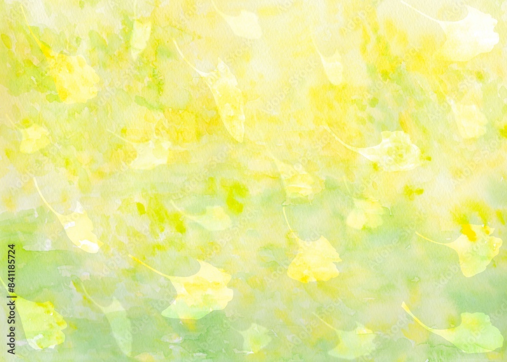銀杏の葉が風に吹かれて飛ぶ美しい風景イラスト。水彩イラストによる幻想的な秋の模様。 銀杏の葉が風に吹かれて飛ぶ美しい風景イラスト。水彩イラストによる幻想的な秋の模様。