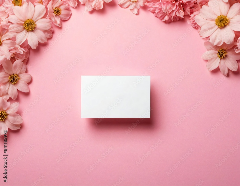 Elegant blank business card on pink floral backdrop Elegant blank business card on pink floral backdrop