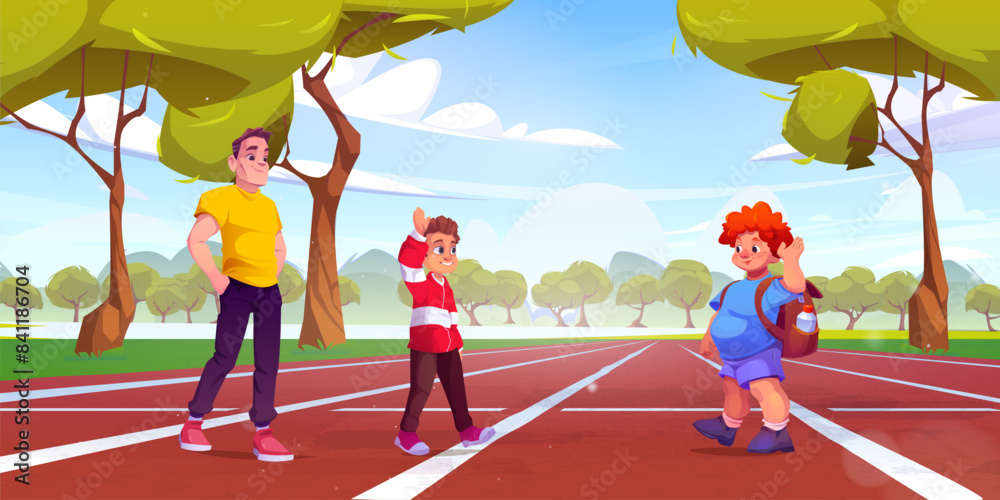 Fototapeta premium Two boys meet and greet on running track in public park or stadium on summer day. Cartoon vector illustration of sport training for children with coach. Outdoor fitness and physical activity.