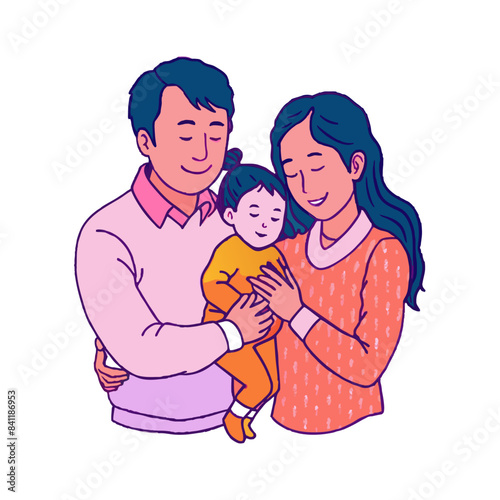 Realistic asian parents hug a children
