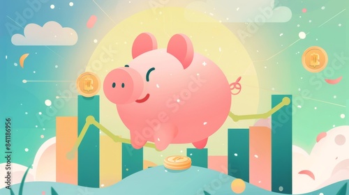 Piggy bank with coins, bright sky behind, green upward graph, flat design, front view, financial growth theme, animation, colored pastel photo
