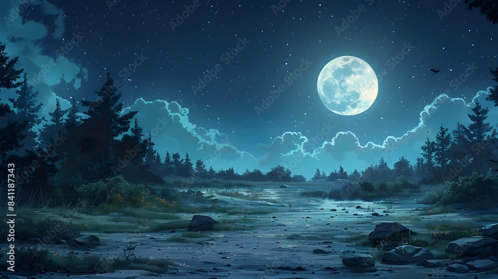 A peaceful night scene in nature, with a full moon illuminating a tranquil forest A peaceful night scene in nature, with a full moon illuminating a tranquil forest