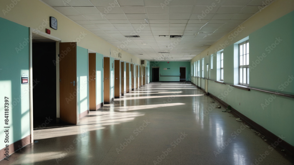 Fototapeta premium Shadows of the unseen: Traversing deserted hospital hallways where blurred shapes hint at the remnants of human activity now vanished, Generative AI
