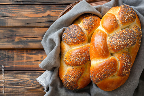 Two Freshly baked Challah bread covered with poppy and sesame seeds, top view on rustic wooden background, traditional festive Jewish cuisine. photo