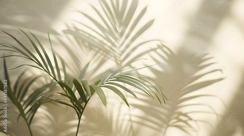 Naklejka premium Blurred shadow from palm leaves on light cream wall. Minimalistic beautiful summer spring background for product presentation