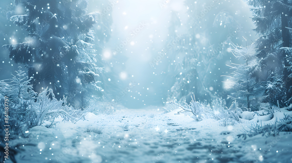Blurry image of a winter forest, small snowdrifts and light snowfall - a beautiful winter-themed background wide format