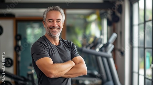 Confident Middle-Aged Male Fitness Trainer Standing in Gym  Demonstrating Health and Wellness