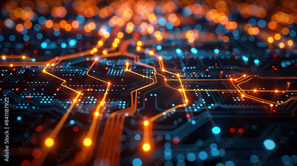 Futuristic circuit board close-up with glowing orange and blue lights, symbolizing advanced technology and connectivity. Futuristic circuit board close-up with glowing orange and blue lights, symbolizing advanced technology and connectivity.
