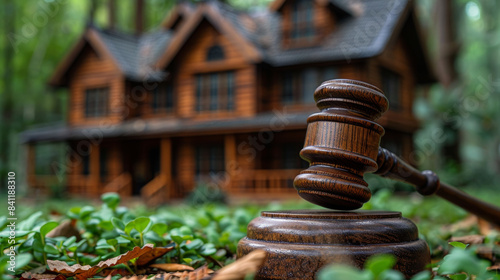 Wooden Gavel Resting on Grass With a House in the Background