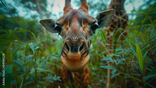 Close-up of a curious giraffe in a lush, green forest habitat, showcasing its unique facial features and natural environment.