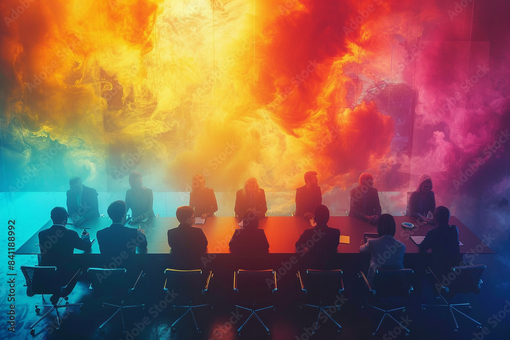 A colorful, futuristic business negotiation scene with magical elements, top view, blending corporate and fantastical themes, advanced tone, Tetradic color scheme