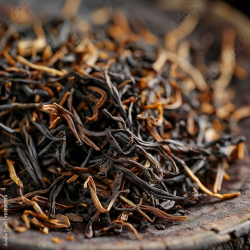A close-up of dry lapsang souchong tea, with the leaves' smoky aroma almost palpable through the image, showcasing the unique pine-smoked process that gives this tea its distinctive flavor. photo