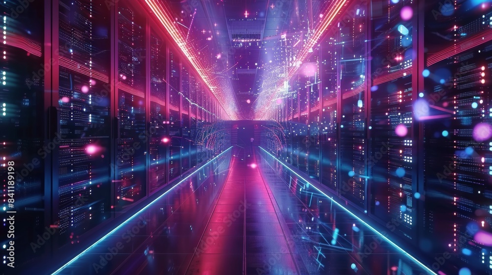 A long hallway with many computer monitors and lights. futuristic technology background A long hallway with many computer monitors and lights. futuristic technology background