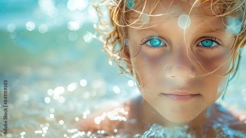Image of a child's face blending into a beach scene, with ample copy space on the right. Image of a child's face blending into a beach scene, with ample copy space on the right.