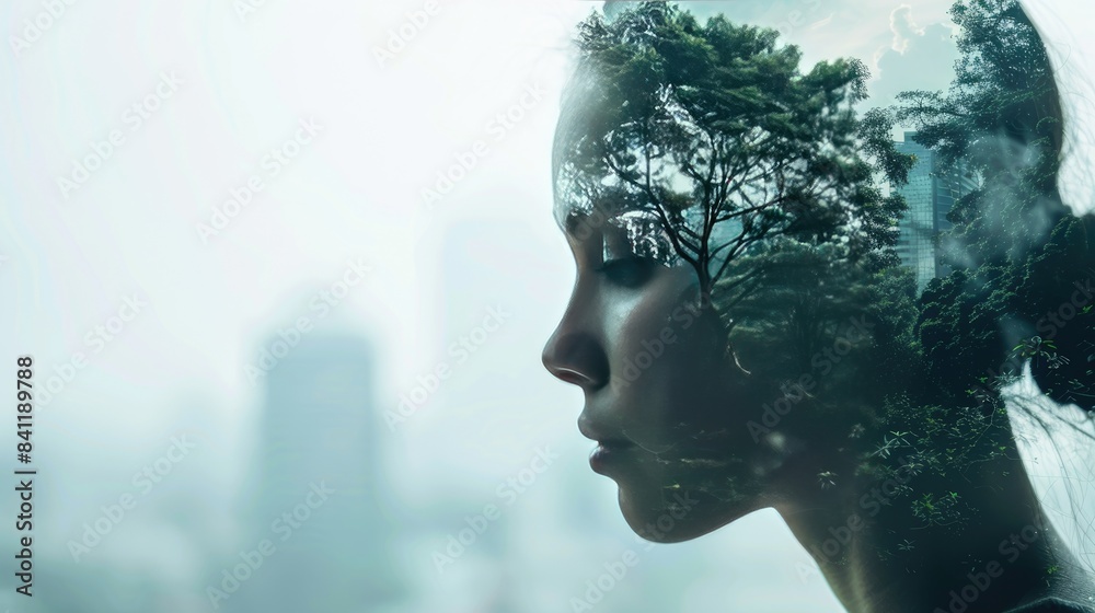 Double exposure of a woman silhouette profile merged with lush green trees, symbolizing the connection between human life and nature. Double exposure of a woman silhouette profile merged with lush green trees, symbolizing the connection between human life and nature.