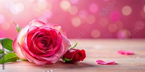 Valentine's Day design concept background with pink and red rose flowers on pink table background, Valentines, Spring or Mother's Day