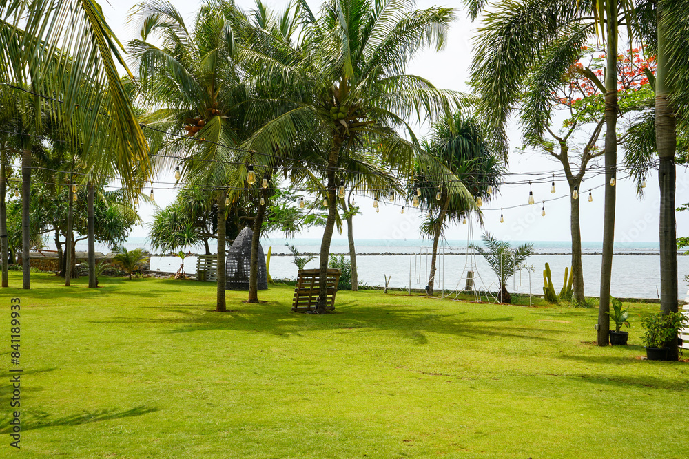 A meadow on the edge of the beach filled with palm and coconut trees. Neatly arranged grass looks beautiful. Grass field in the resort hotel area on the beach. Jepara, Central Java, Indonesia.
A meadow on the edge of the beach filled with palm and coconut trees. Neatly arranged grass looks beautiful. Grass field in the resort hotel area on the beach. Jepara, Central Java, Indonesia.
