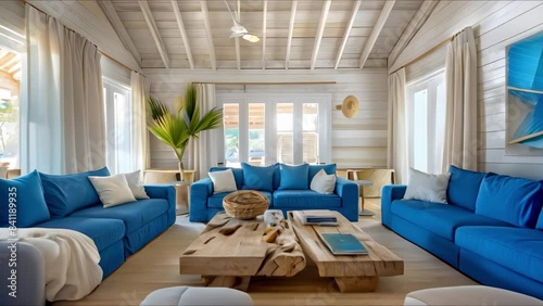 Coastal living room with whitewashed ceiling blue sofas and driftwood coffee tables. Concept Coastal Decor, Whitewashed Ceilings, Blue Sofas, Driftwood Coffee Tables photo