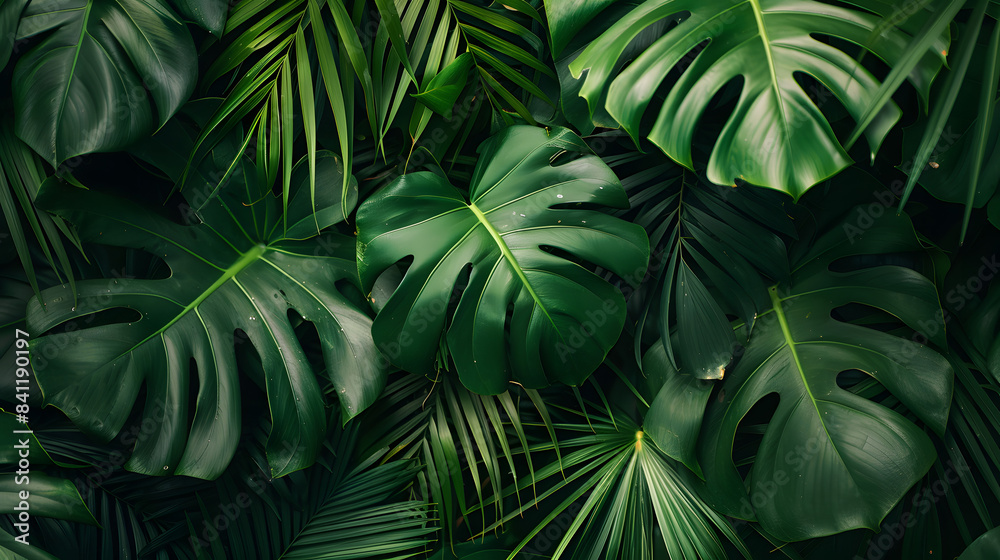 closeup nature view of green leaf and palms background. Flat lay, dark nature concept, tropical leaf