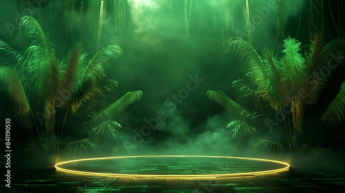 Mysterious green glowing jungle with circular light portal. Copy space. Generative AI 