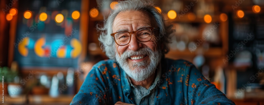 Happy senior in cozy café with graphs Happy senior in cozy café with graphs