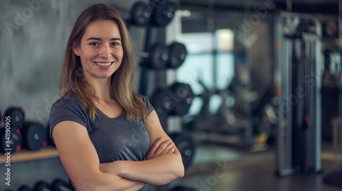 Smiling Female Fitness Trainer in Modern Gym, Inspirational Health and Wellness Concept for Fitness Motivation and Personal Training © gn8