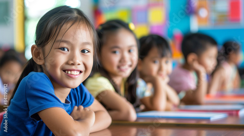 copy space, stockphoto, close up of some primary school students in a primary school classroom in Asia. Back to school theme.