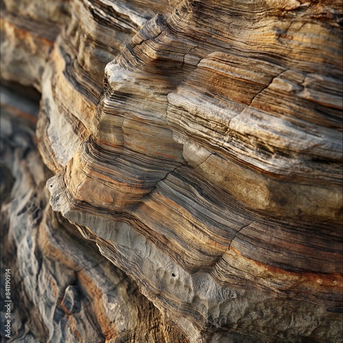 A close-up of mountain rock formations, with the layers of geological history visible in the strata, telling the ancient story of the Eartha??s crust. photo