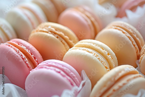 Close-up of French macaron in pastel colors, detailed with delicate textures and elegantly displayed in natural light. Dessert cuisine concept. 