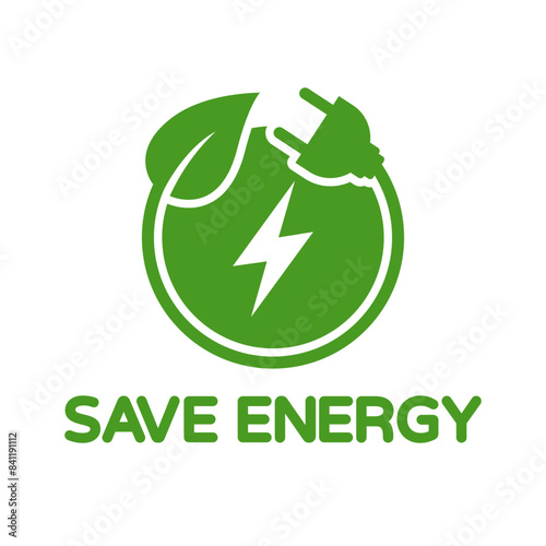 Save energy symbol. Energy icon with green leaf. Eco friendly, environmentally. Eco icon. Vector illustration.	
