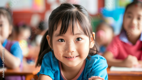 copy space, stockphoto, close up of some primary school students in a primary school classroom in Asia. Back to school theme.