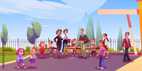 Children summer outdoor event on schoolyard or in city park with food festival. Cartoon vector illustration of kids standing near tables and selling cookies and cakes with teachers and parents.
