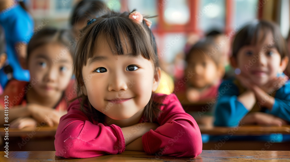 copy space, stockphoto, close up of some primary school students in a primary school classroom in Asia. Back to school theme.
