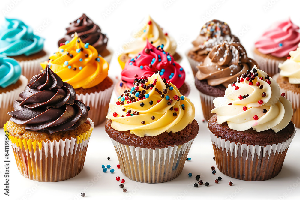 Close-up of cupcakes topped with colorful creamy and icing sugar sprinkles, elegantly displayed in natural light on a white background, Dessert cuisine concept. Close-up of cupcakes topped with colorful creamy and icing sugar sprinkles, elegantly displayed in natural light on a white background, Dessert cuisine concept.