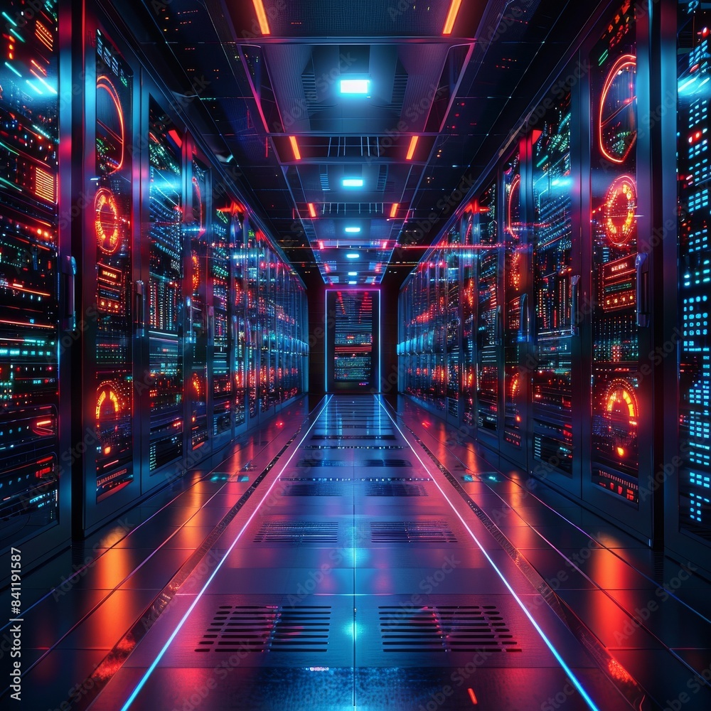 A long hallway with many computer servers lit up in neon colors A long hallway with many computer servers lit up in neon colors