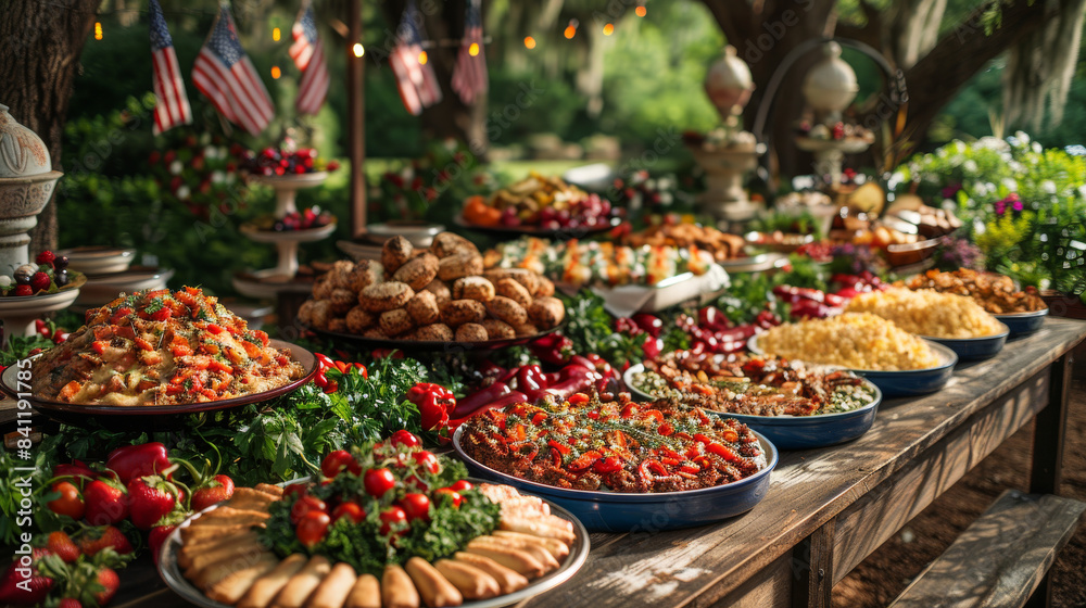 Outdoor Summer Buffet Table With Various Dishes and Red Peppers Outdoor Summer Buffet Table With Various Dishes and Red Peppers