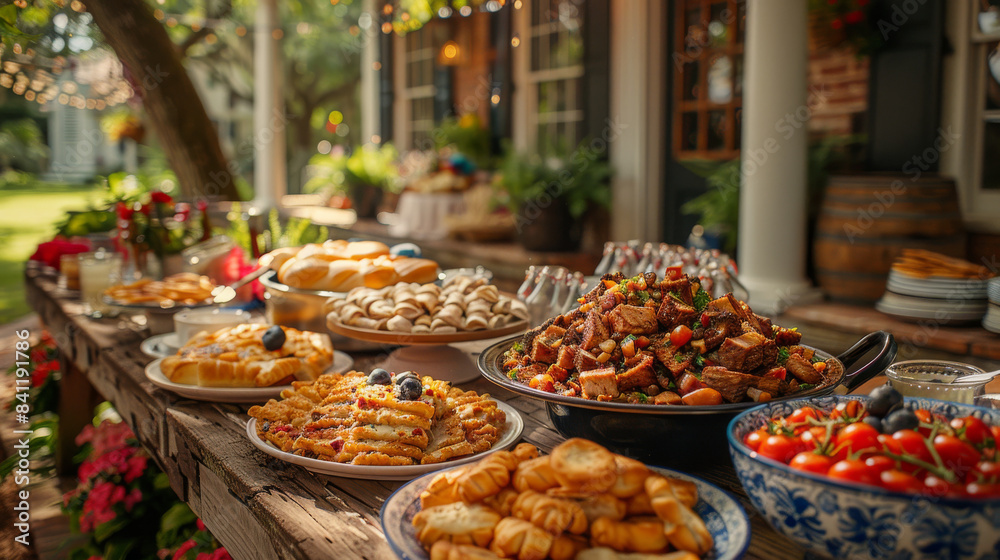 Outdoor Food Buffet With Various Appetizers and Dishes for a Summer Gathering