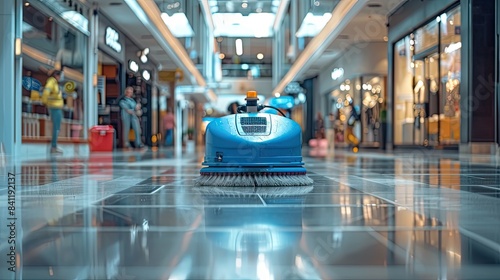 Large industrial scrubber dryer machine on glossy floor of shopping mall photo