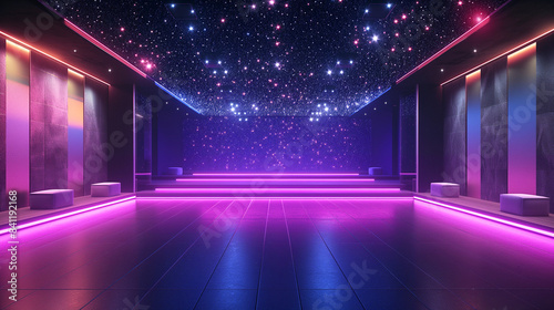 Futuristic dance floor with glowing neon lights and starry ceiling. Copy space. Generative AI 