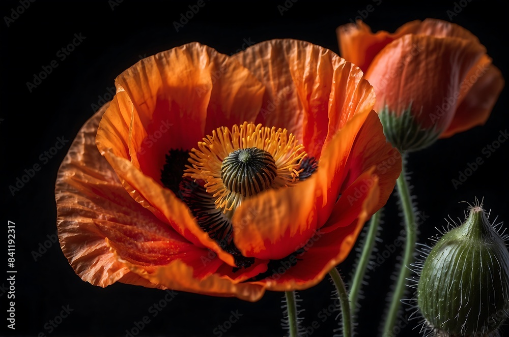 A single vibrant poppy flower with detailed petals set against a black background, its striking color and intricate details drawing the viewer's gaze. A single vibrant poppy flower with detailed petals set against a black background, its striking color and intricate details drawing the viewer's gaze.