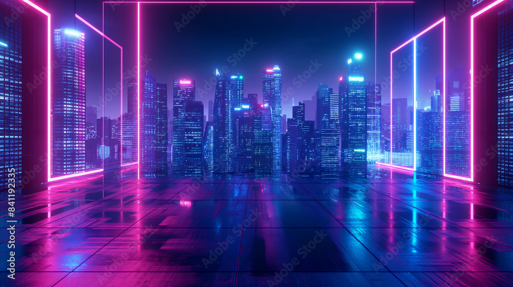 Futuristic neon cityscape with glowing skyscrapers and reflections. Copy space. Generative AI	