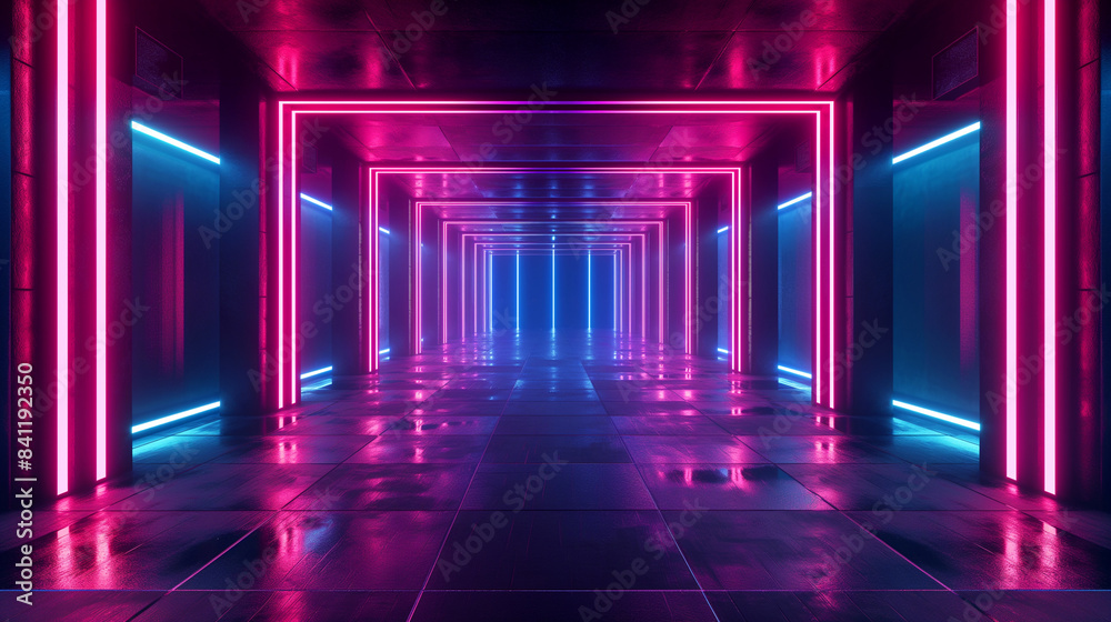 Futuristic Neon Tunnel with Vibrant Pink and Blue Lights. Copy space. Generative AI Futuristic Neon Tunnel with Vibrant Pink and Blue Lights. Copy space. Generative AI