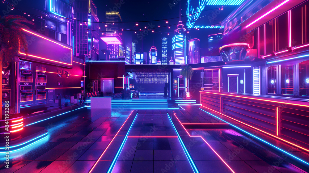 Neon-lit futuristic nightclub with vibrant cityscape in the background. Copy space. Generative AI Neon-lit futuristic nightclub with vibrant cityscape in the background. Copy space. Generative AI