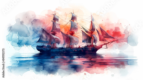 Brigantine ship, sailboat, watercolor seascape, art of drawing. photo