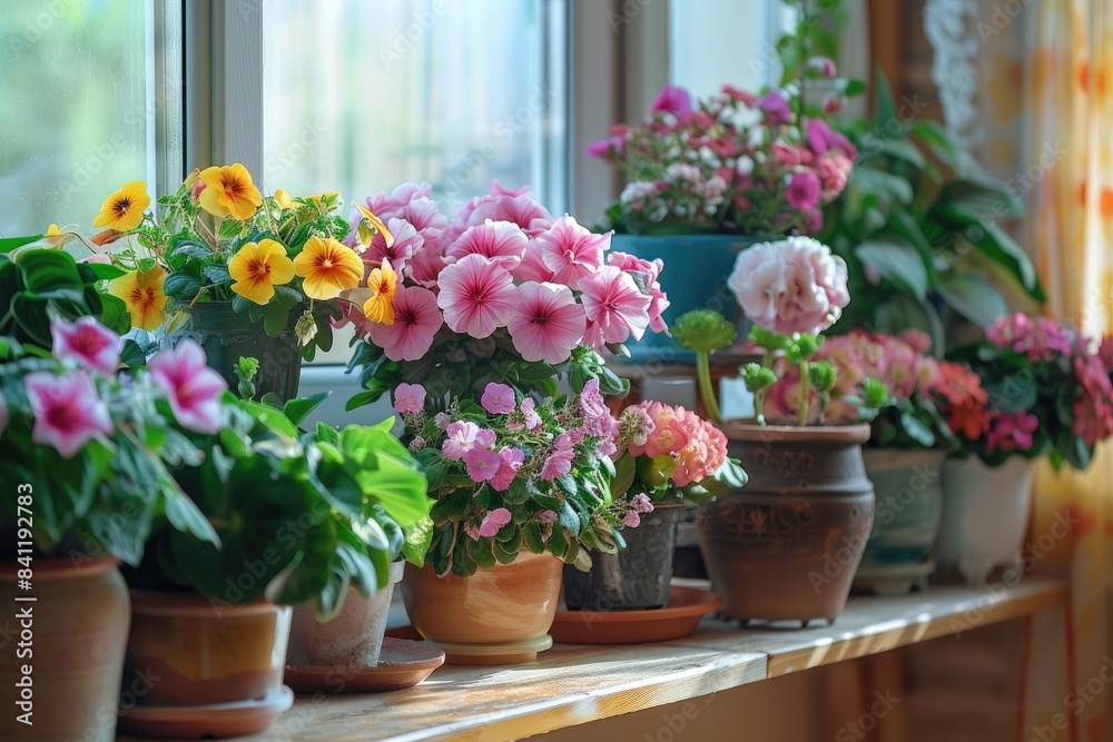 Vivid assortment flowers of potted exhibiting a variety of colors and types