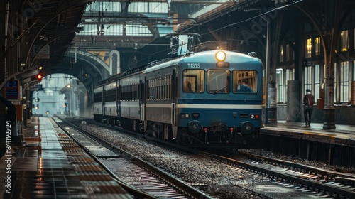 A retro blue train carriage is illuminated at dusk on a covered platform in an old-fashioned railway station setting