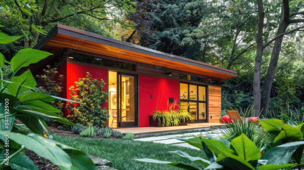 A contemporary white backyard shed with a flat roof, large doors, and surrounded by greenery A contemporary white backyard shed with a flat roof, large doors, and surrounded by greenery