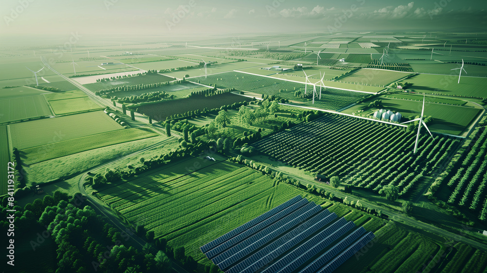 Fototapeta premium A large field with many wind turbines and trees